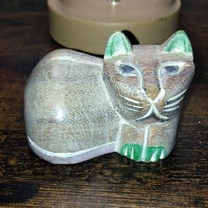 Wooden Cat Figurine with Green Accents